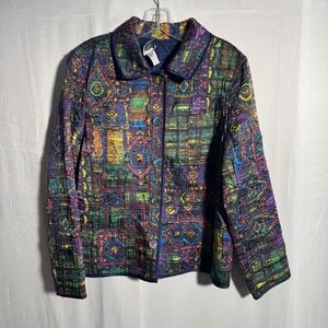 Chicos Sz 2 Large Reversible Jacket Multicolor Silk Blend  Abstract Quilted Boho